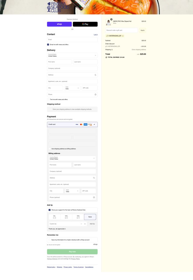 Riviera Seafood Club checkout page showing Riviera Seafood Club promo code box | Screenshot taken by SimplyCodes community member on Sep 7, 2025