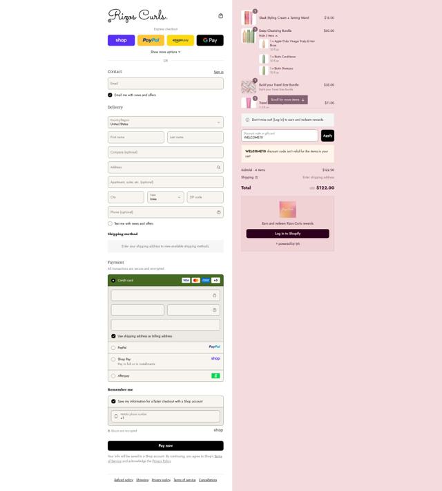 Rizos Curls checkout page showing Rizos Curls discount code box | Screenshot taken by SimplyCodes community member on Sep 12, 2025