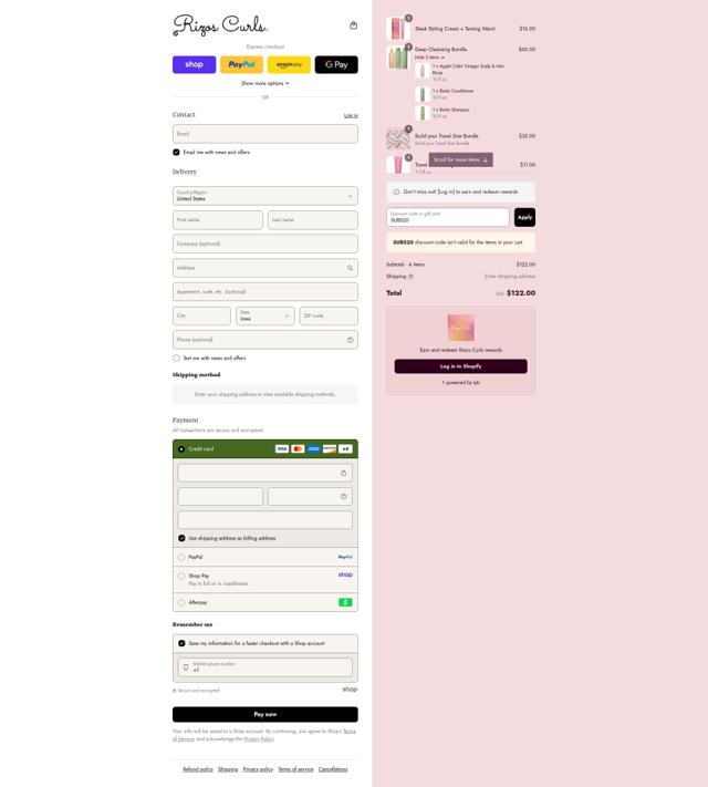 Rizos Curls checkout page showing Rizos Curls discount code box | Screenshot taken by SimplyCodes community member on Sep 8, 2025