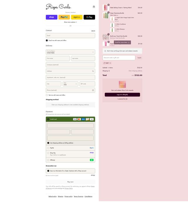 Rizos Curls checkout page showing Rizos Curls discount code box | Screenshot taken by SimplyCodes community member on Sep 8, 2025