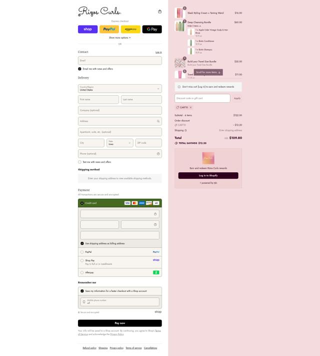 Rizos Curls checkout page showing Rizos Curls discount code box | Screenshot taken by SimplyCodes community member on Sep 8, 2025