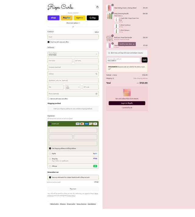 Rizos Curls checkout page showing Rizos Curls discount code box | Screenshot taken by SimplyCodes community member on Sep 8, 2025