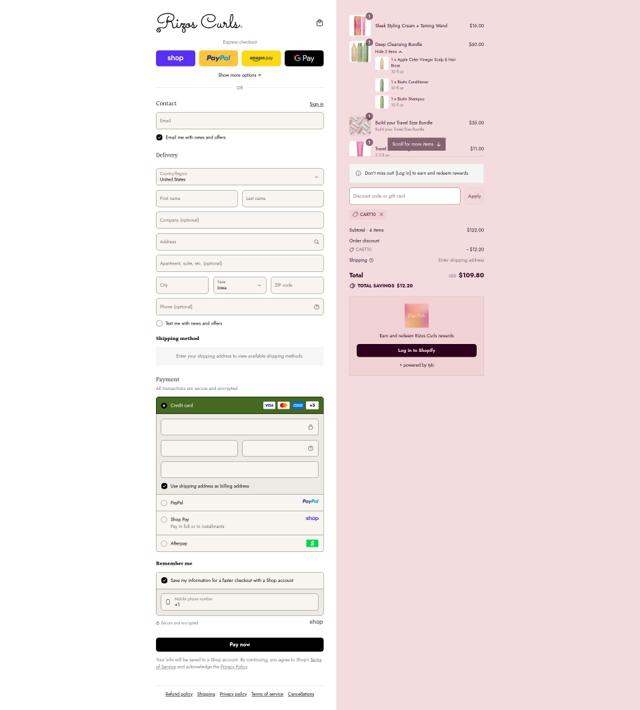 Rizos Curls checkout page showing Rizos Curls discount code box | Screenshot taken by SimplyCodes community member on Sep 12, 2025