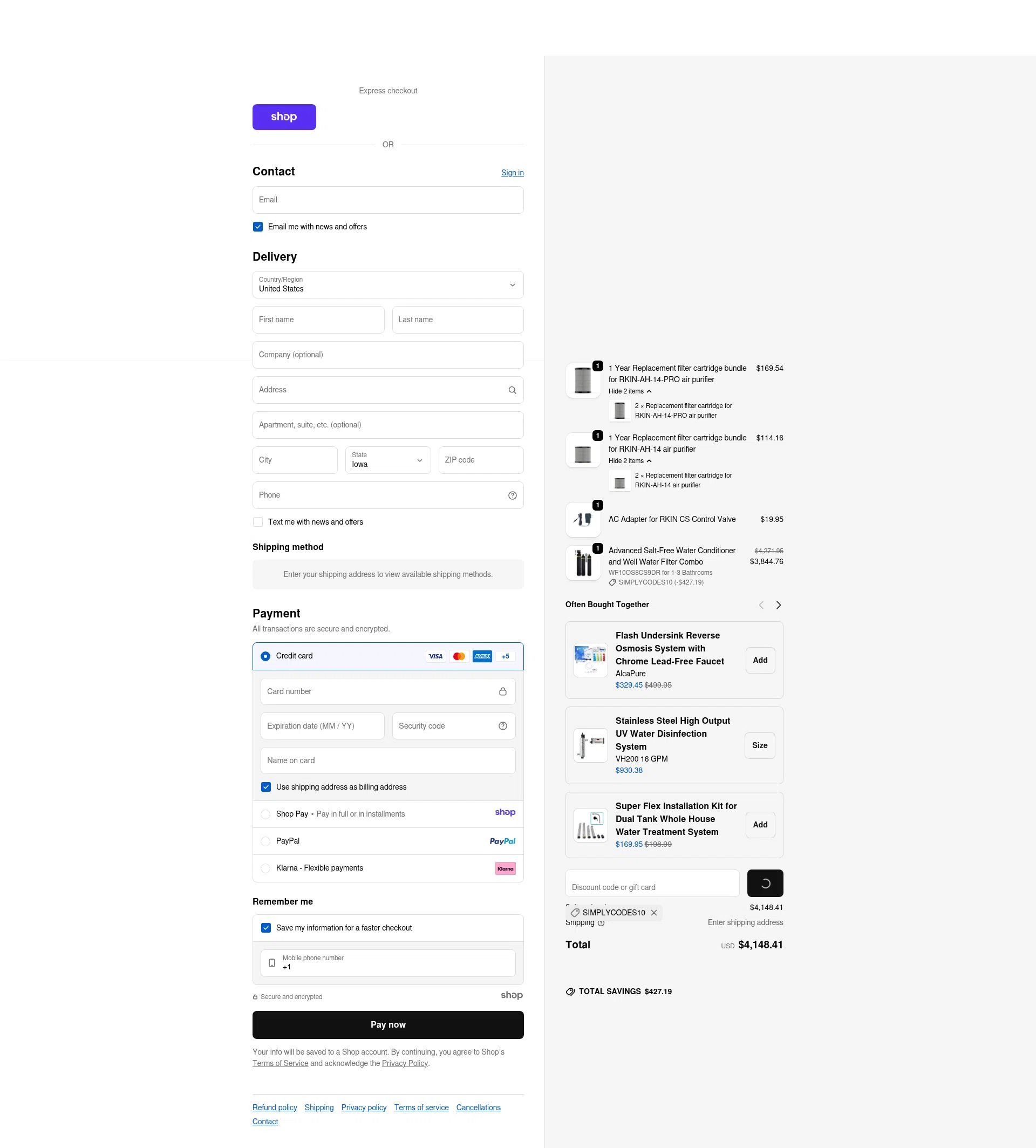 RKIN Air and Water Filters checkout page showing RKIN Air and Water Filters promo code box | Screenshot taken by SimplyCodes community member on Dec 28, 2025