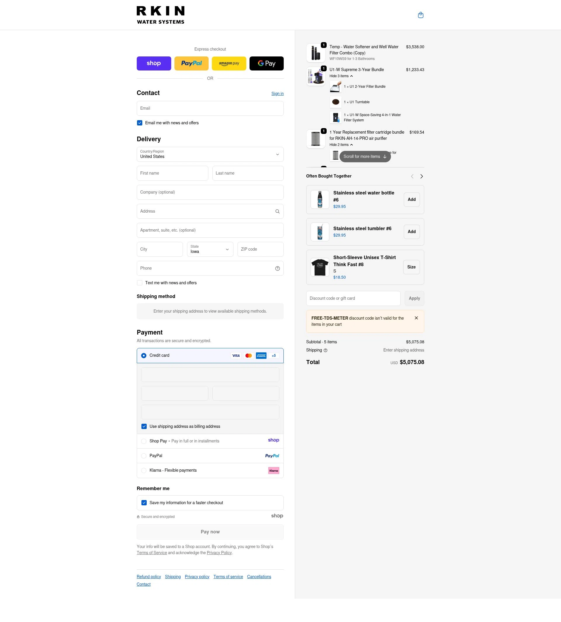 RKIN Air and Water Filters checkout page showing RKIN Air and Water Filters promo code box | Screenshot taken by SimplyCodes community member on Jan 2, 2026