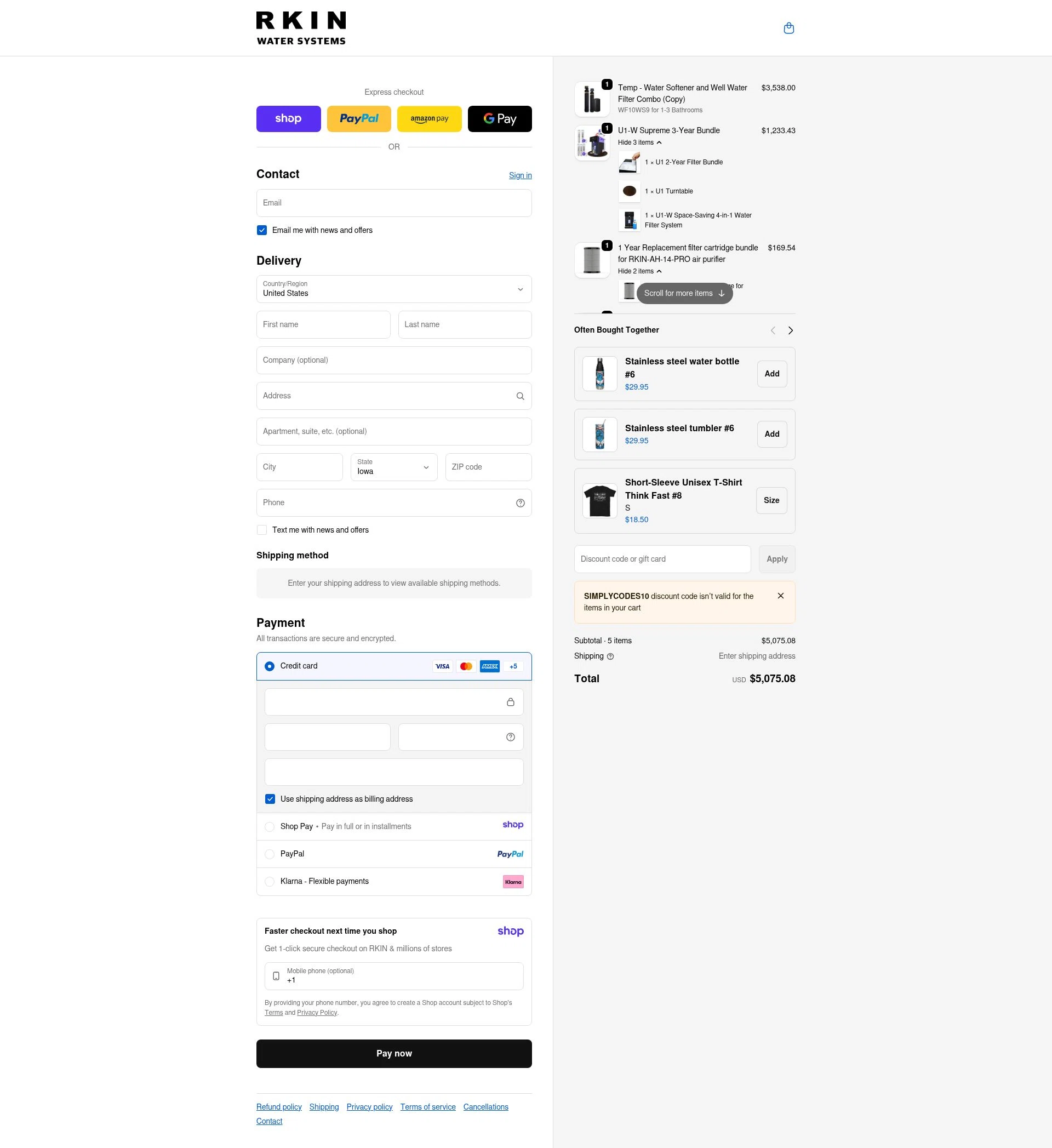 RKIN Air and Water Filters checkout page showing RKIN Air and Water Filters promo code box | Screenshot taken by SimplyCodes community member on Jan 8, 2026