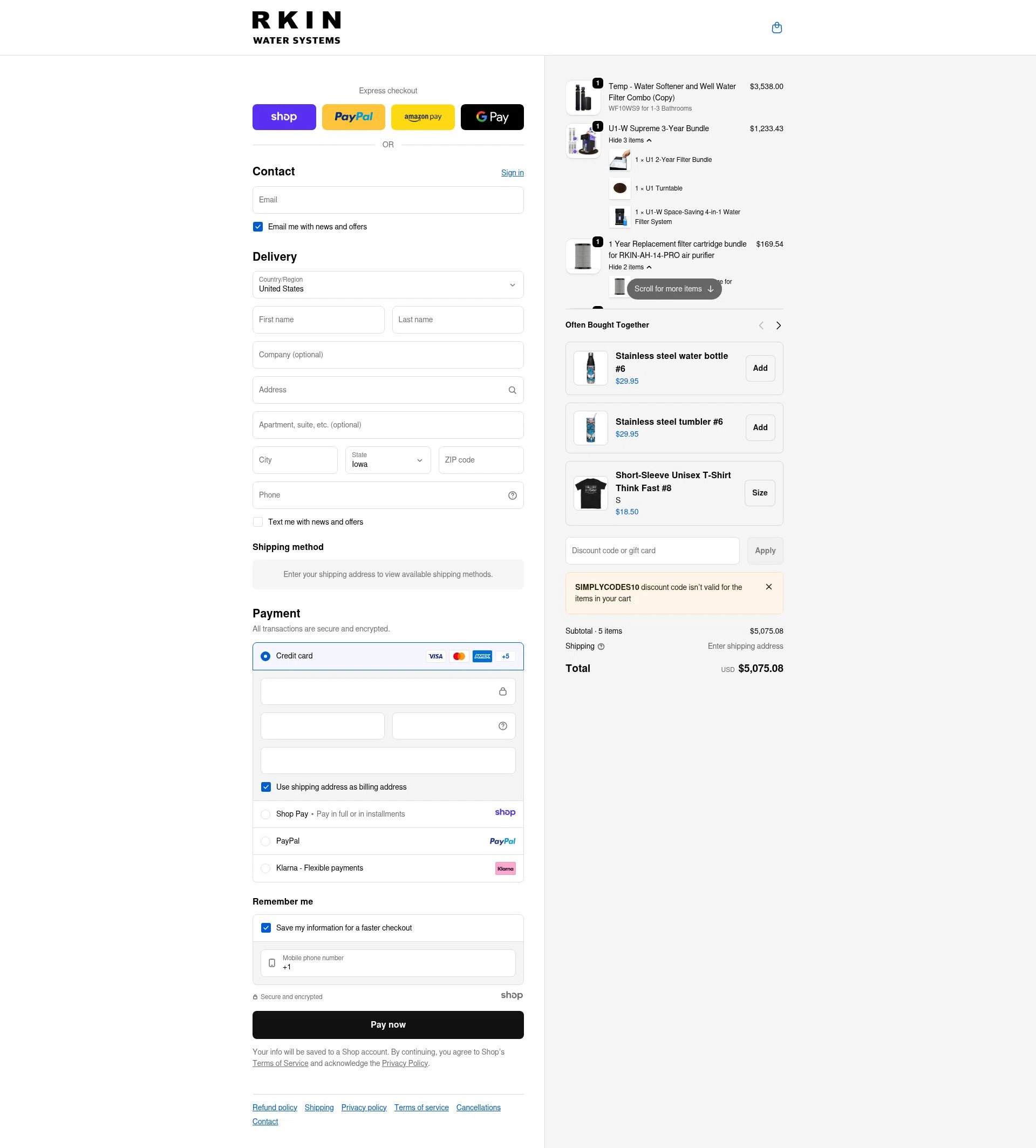 RKIN Air and Water Filters checkout page showing RKIN Air and Water Filters promo code box | Screenshot taken by SimplyCodes community member on Jan 2, 2026