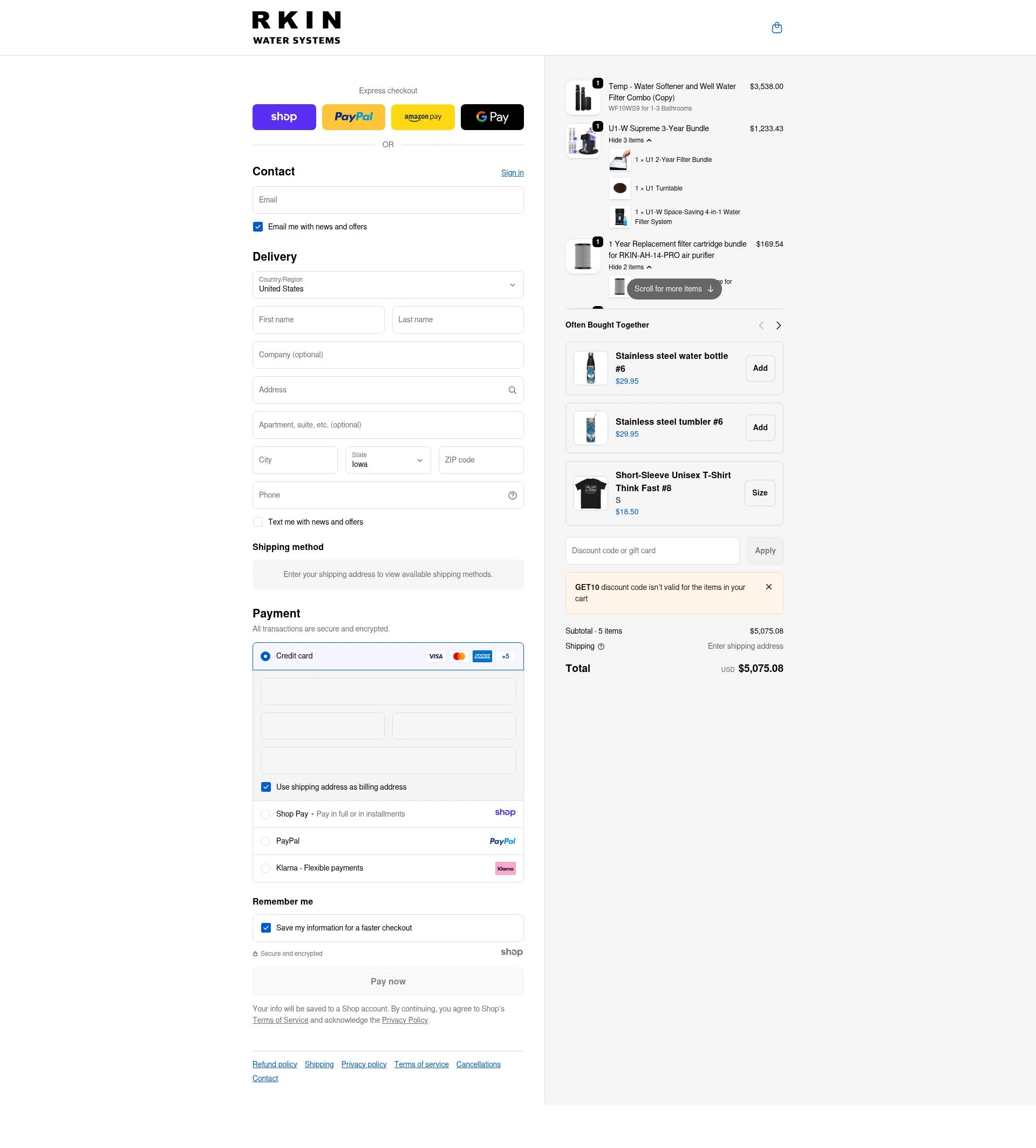 RKIN Air and Water Filters checkout page showing RKIN Air and Water Filters promo code box | Screenshot taken by SimplyCodes community member on Jan 2, 2026