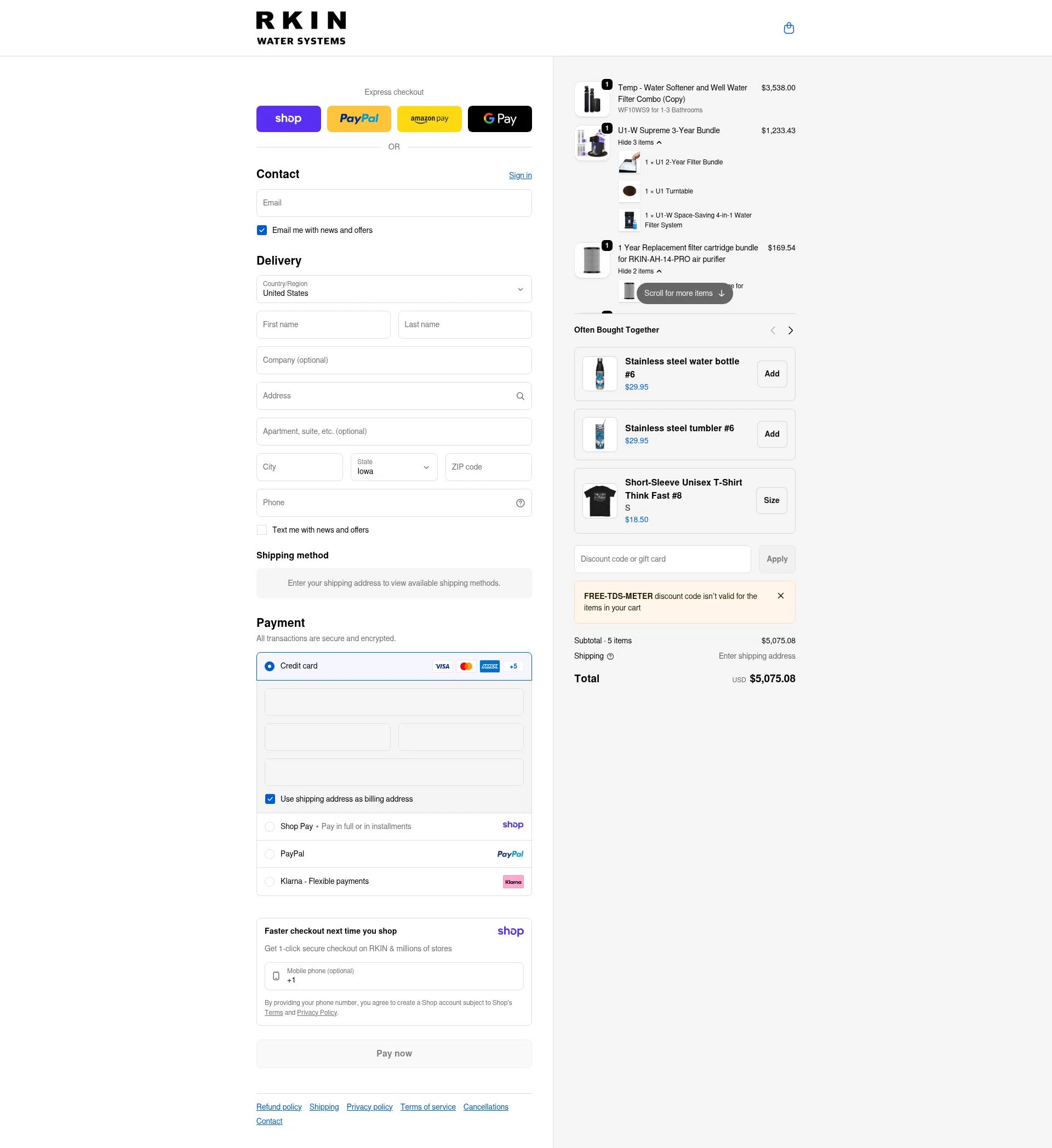 RKIN Air and Water Filters checkout page showing RKIN Air and Water Filters promo code box | Screenshot taken by SimplyCodes community member on Jan 8, 2026