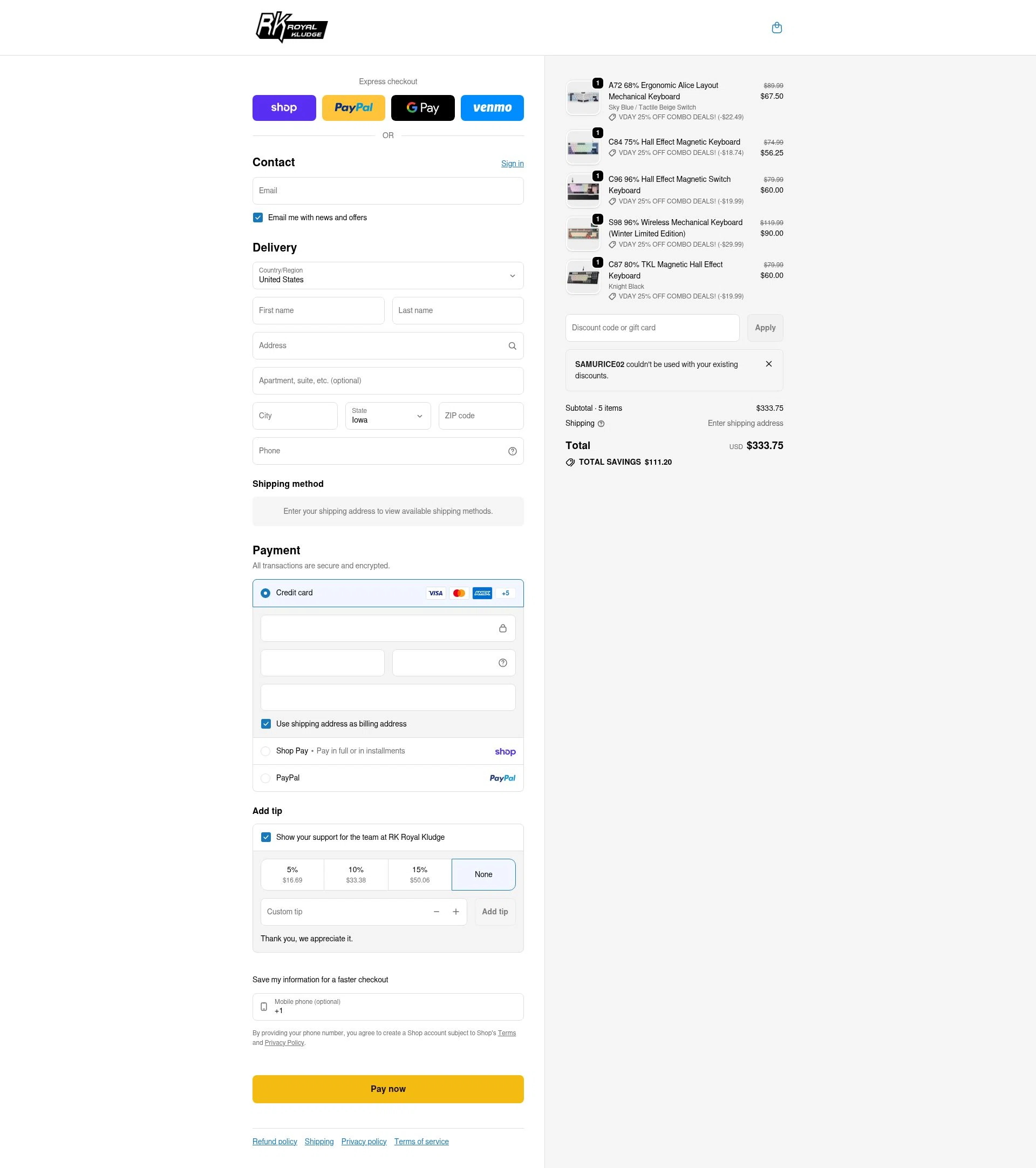 RK Royal Kludge checkout page showing RK Royal Kludge promo code box | Screenshot taken by SimplyCodes community member on Feb 11, 2026