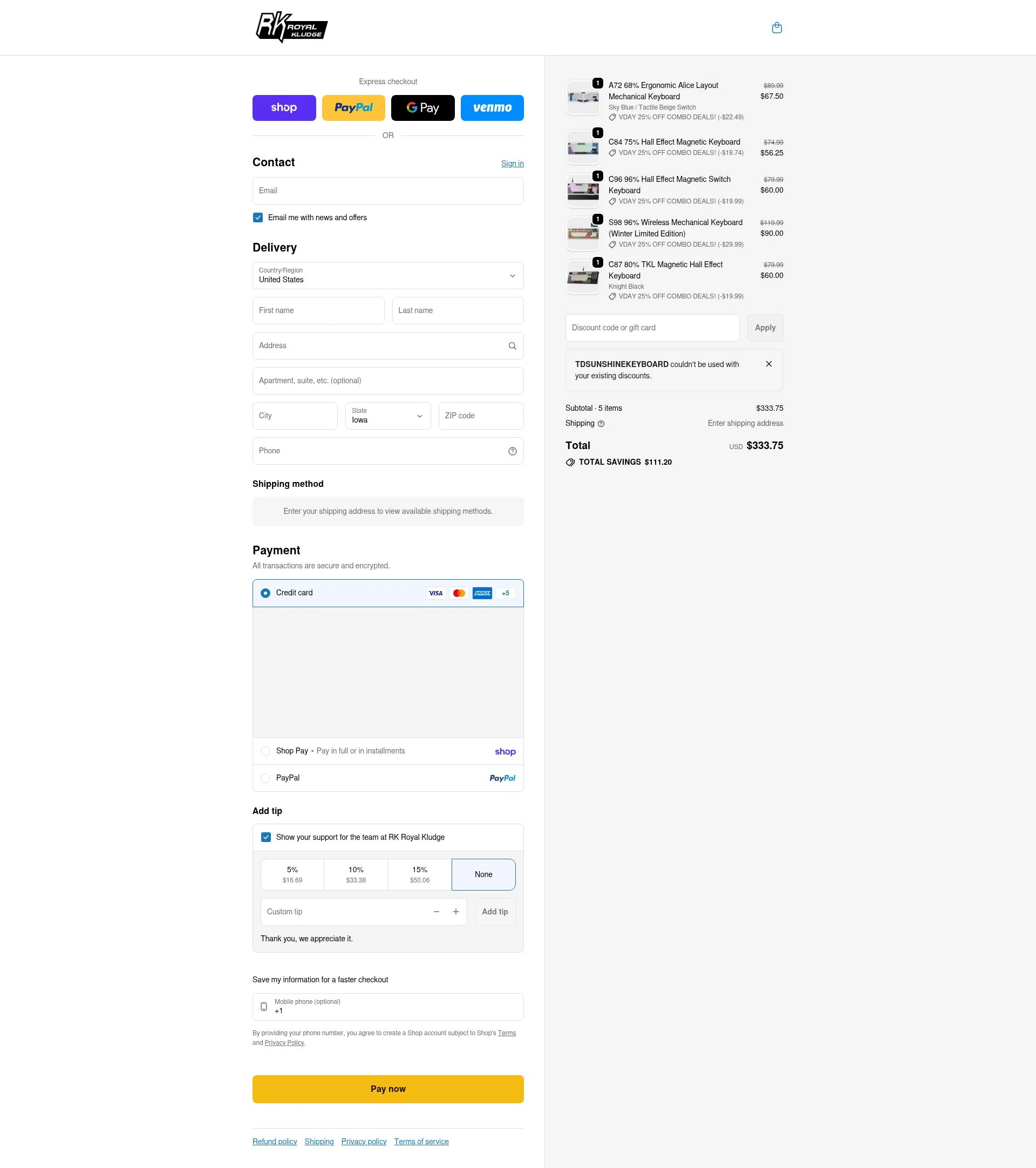 RK Royal Kludge checkout page showing RK Royal Kludge promo code box | Screenshot taken by SimplyCodes community member on Feb 11, 2026