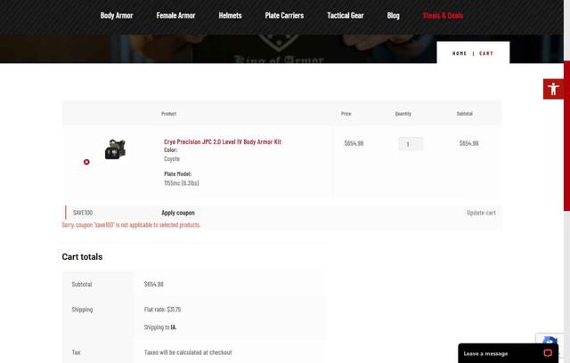 RMA Armament checkout page showing RMA Armament discount code box | Screenshot taken by SimplyCodes community member on Jul 14, 2025