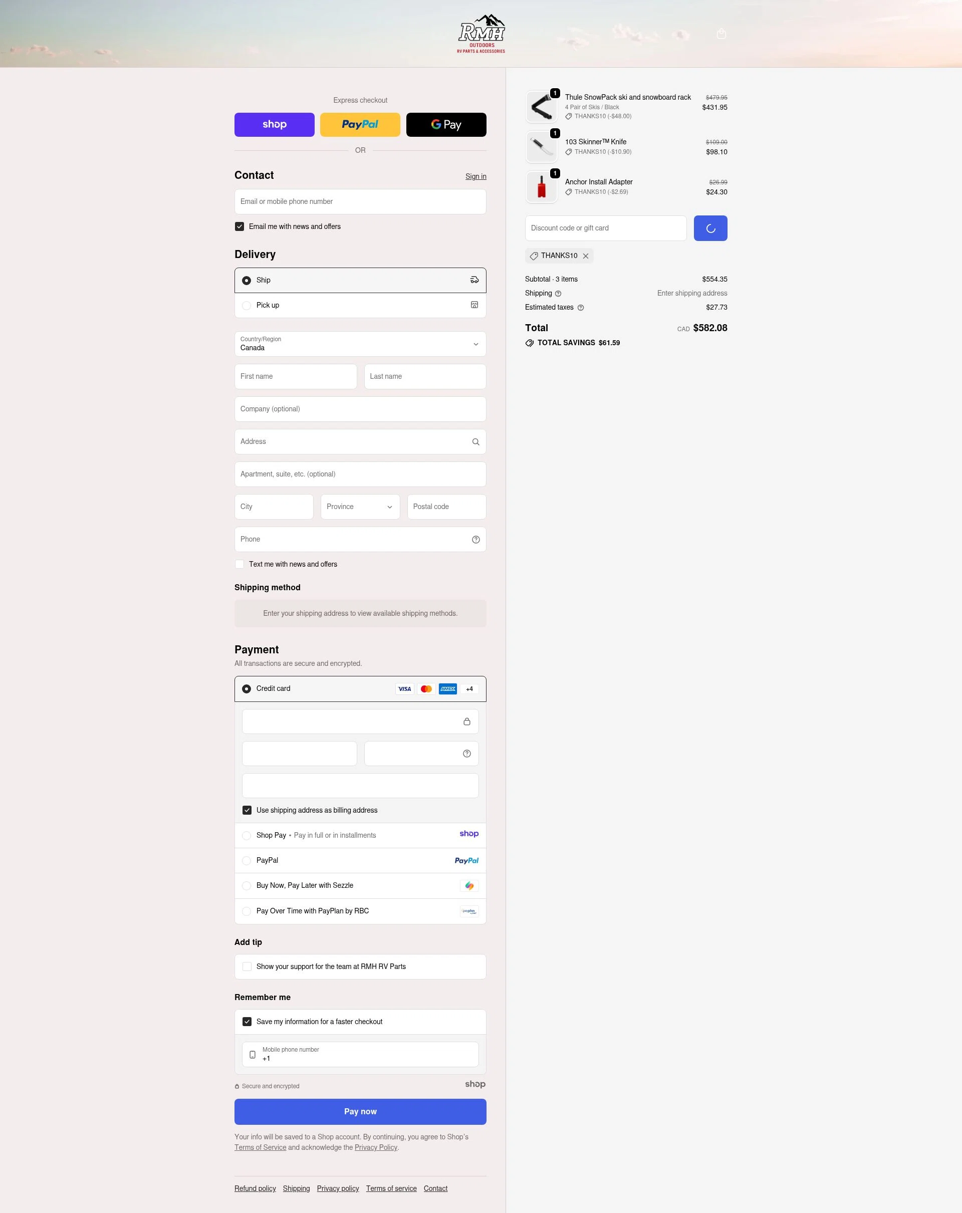RMH RV Parts checkout page showing RMH RV Parts discount code box | Screenshot taken by SimplyCodes community member on Dec 28, 2025