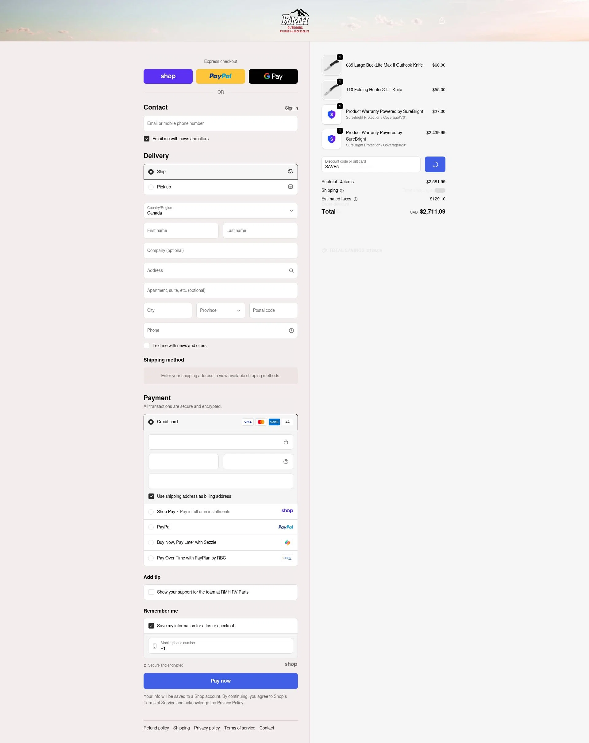 RMH RV Parts checkout page showing RMH RV Parts discount code box | Screenshot taken by SimplyCodes community member on Jan 8, 2026