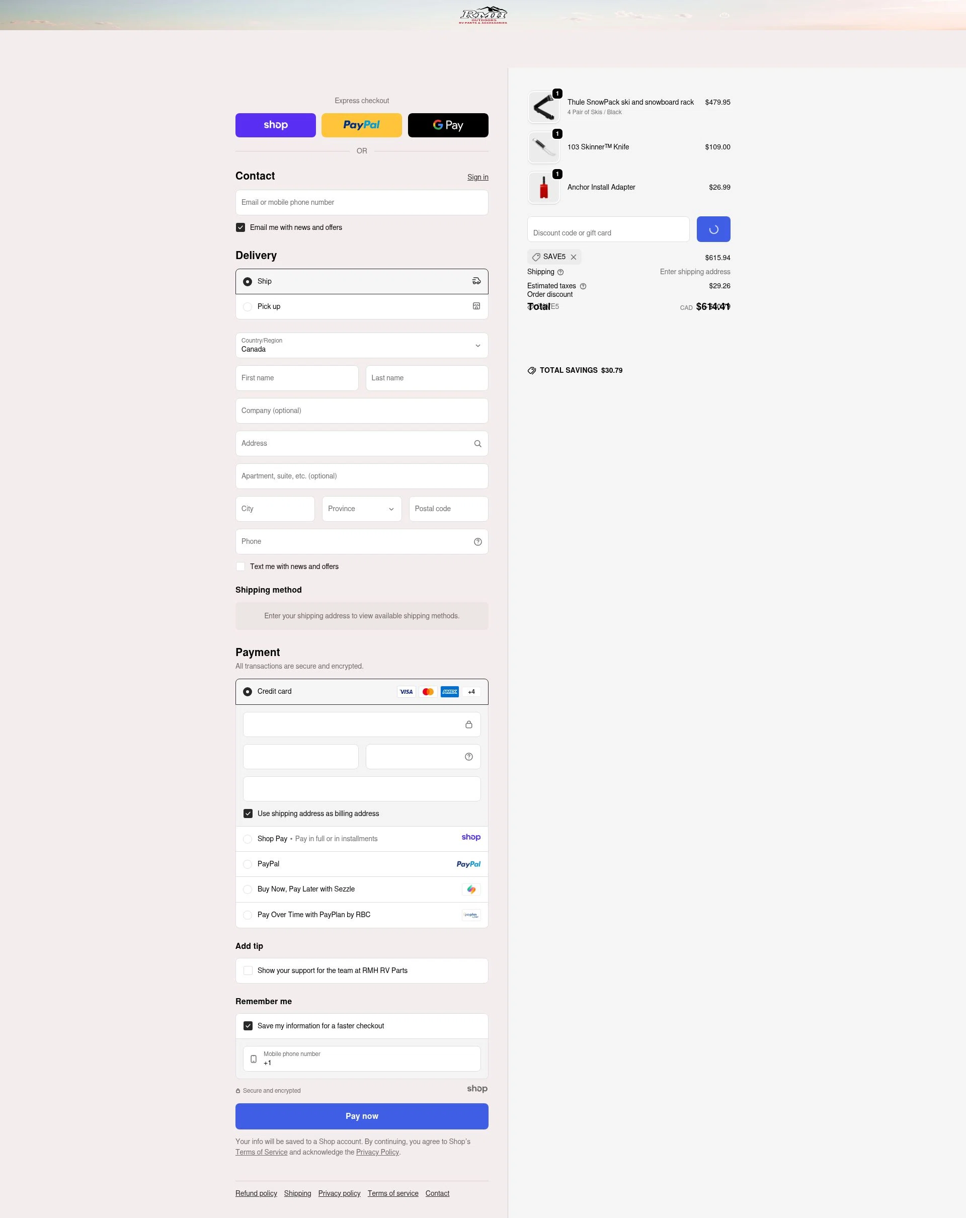 RMH RV Parts checkout page showing RMH RV Parts discount code box | Screenshot taken by SimplyCodes community member on Dec 28, 2025