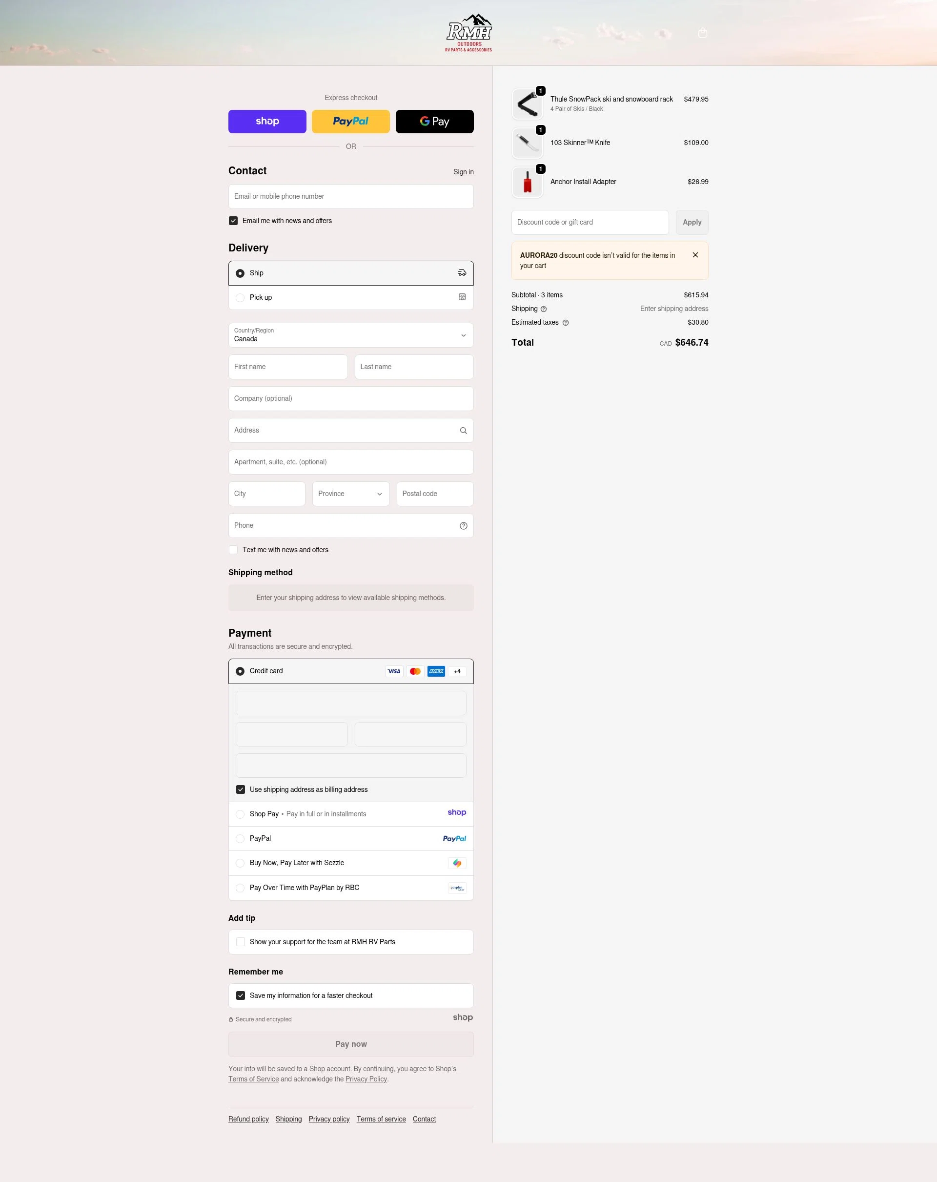 RMH RV Parts checkout page showing RMH RV Parts discount code box | Screenshot taken by SimplyCodes community member on Dec 28, 2025