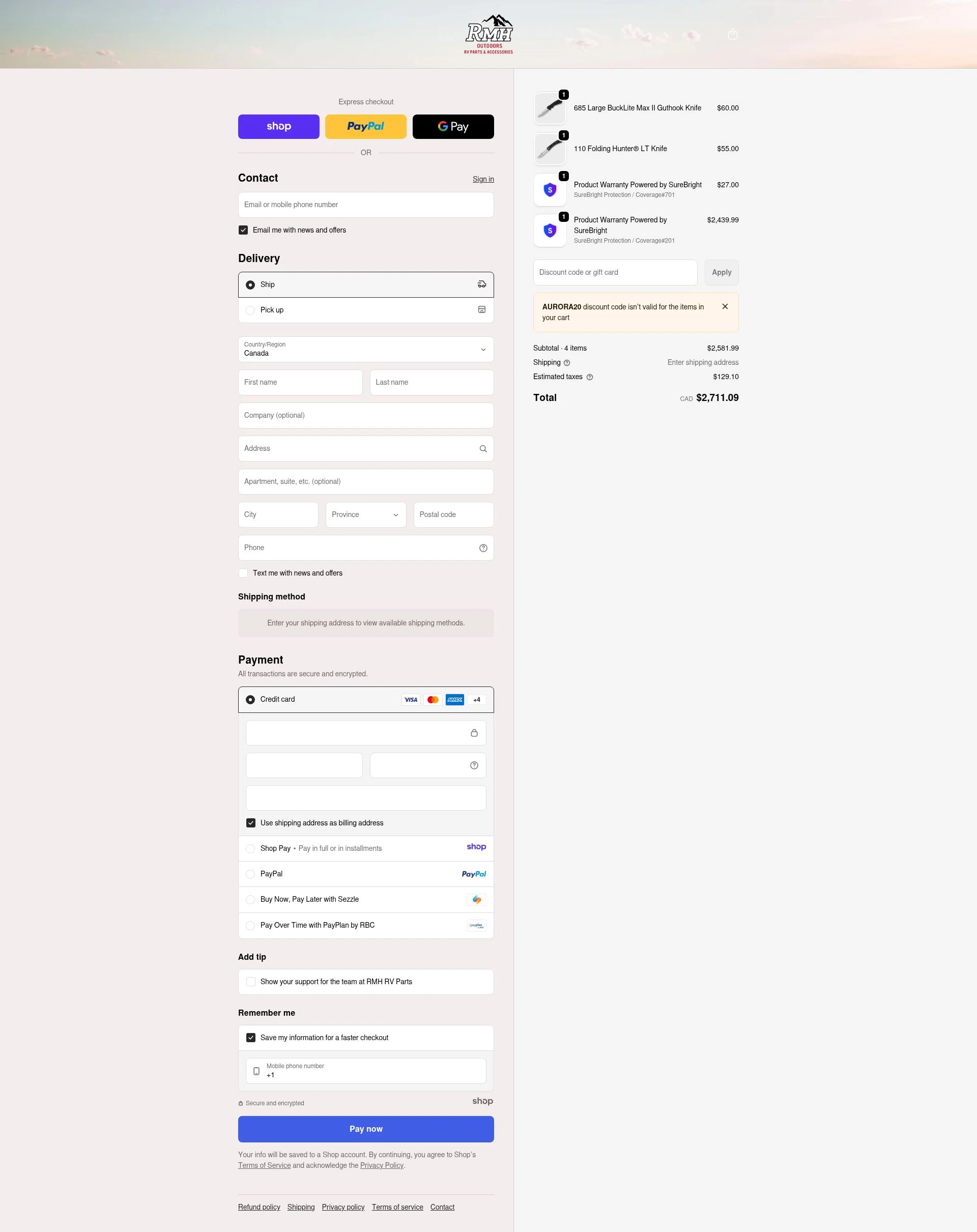 RMH RV Parts checkout page showing RMH RV Parts discount code box | Screenshot taken by SimplyCodes community member on Jan 8, 2026