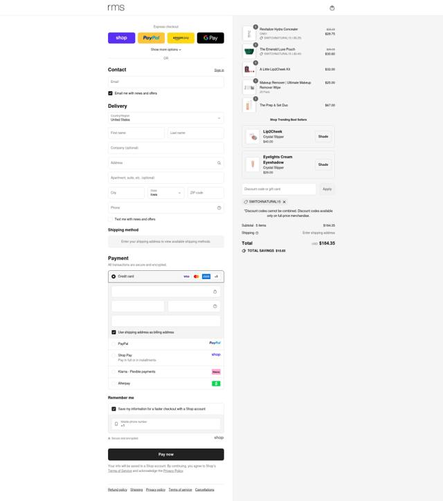 RMS Beauty checkout page showing RMS Beauty coupon code box | Screenshot taken by SimplyCodes community member on Sep 13, 2025