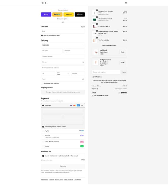 RMS Beauty checkout page showing RMS Beauty coupon code box | Screenshot taken by SimplyCodes community member on Sep 13, 2025