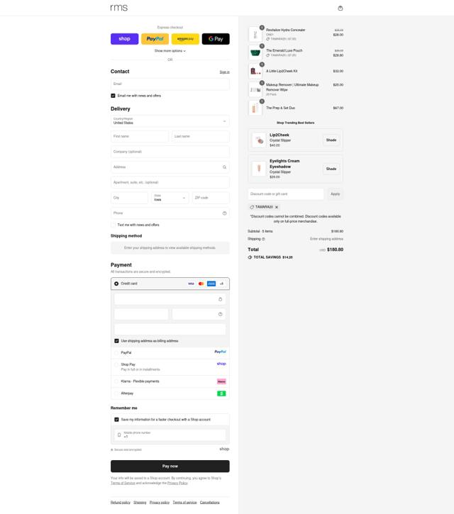 RMS Beauty checkout page showing RMS Beauty coupon code box | Screenshot taken by SimplyCodes community member on Sep 13, 2025