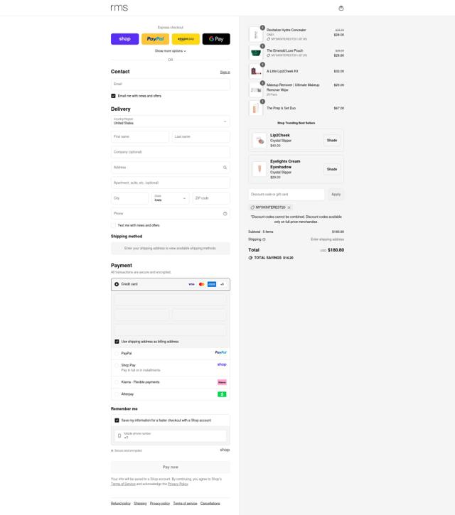 RMS Beauty checkout page showing RMS Beauty coupon code box | Screenshot taken by SimplyCodes community member on Sep 13, 2025
