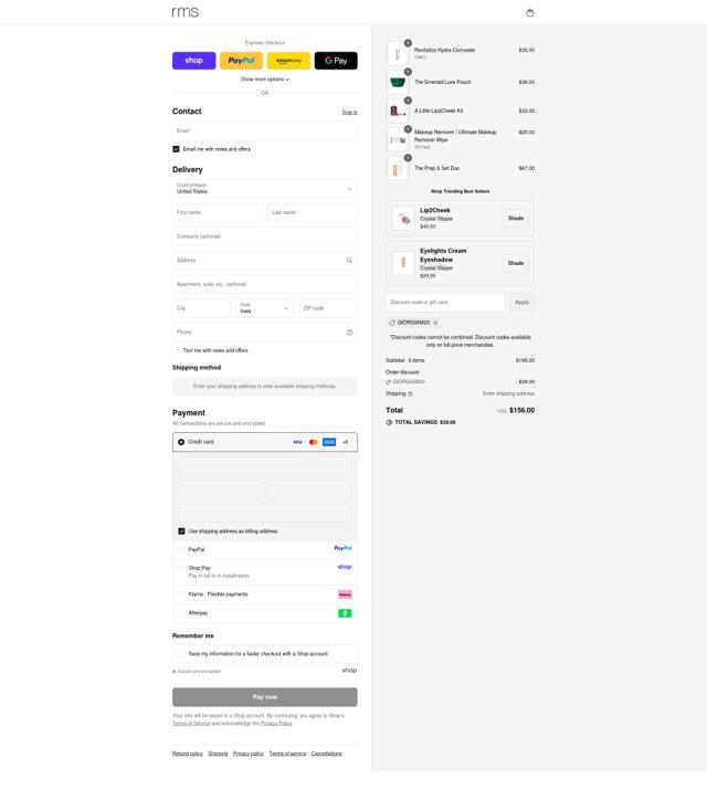 RMS Beauty checkout page showing RMS Beauty coupon code box | Screenshot taken by SimplyCodes community member on Sep 13, 2025