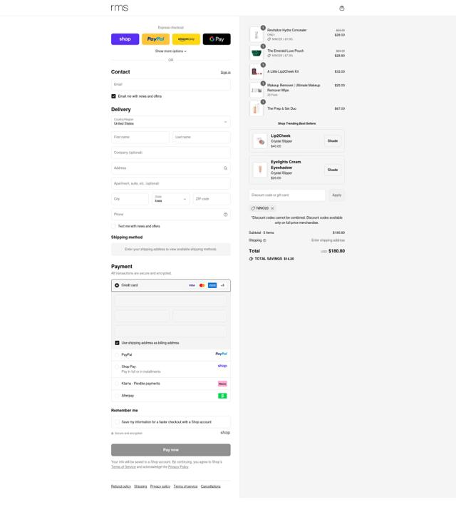 RMS Beauty checkout page showing RMS Beauty coupon code box | Screenshot taken by SimplyCodes community member on Sep 13, 2025