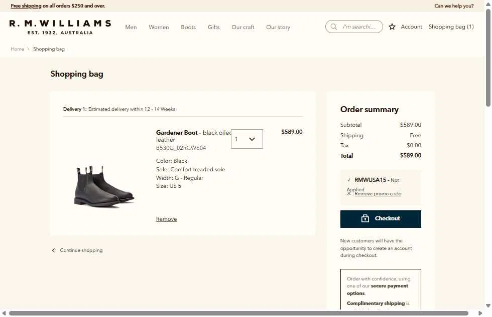 R.M. Williams checkout page showing R.M. Williams discount code box | Screenshot taken by SimplyCodes community member on Dec 18, 2025