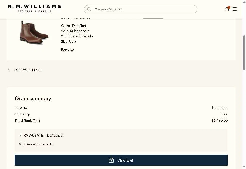 R.M. Williams checkout page showing R.M. Williams discount code box | Screenshot taken by SimplyCodes community member on Feb 18, 2026
