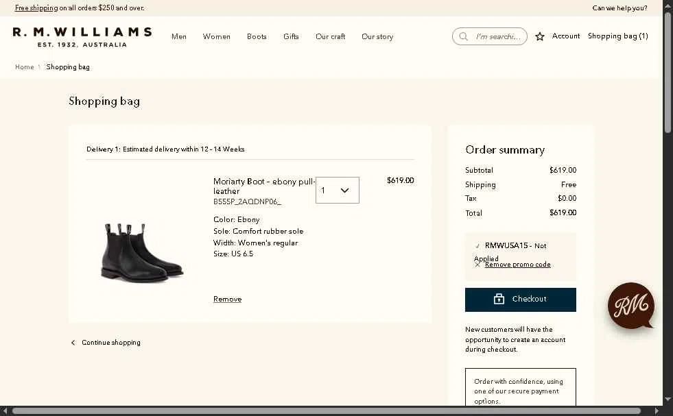 R.M. Williams checkout page showing R.M. Williams discount code box | Screenshot taken by SimplyCodes community member on Nov 28, 2025