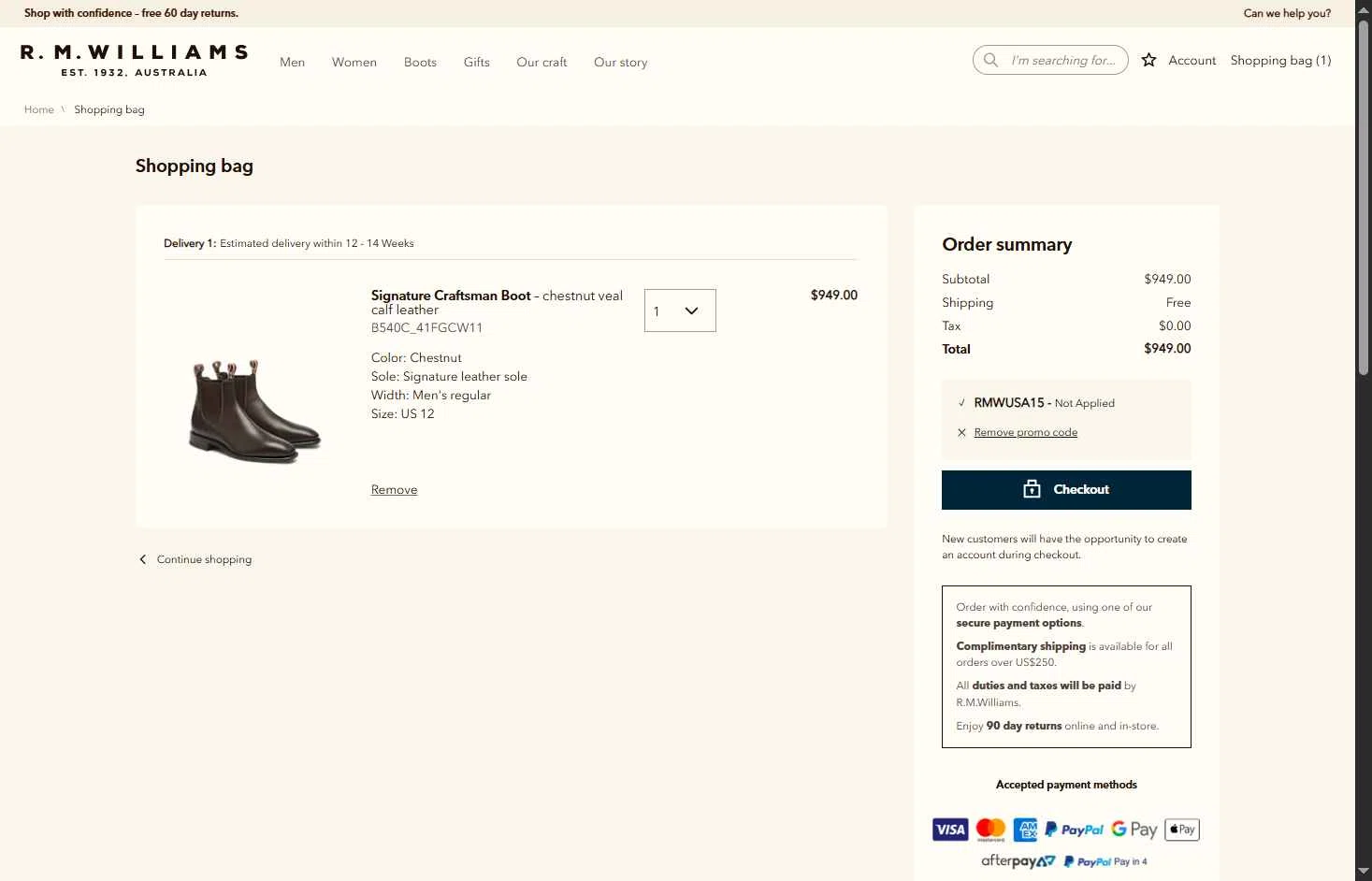 R.M. Williams checkout page showing R.M. Williams discount code box | Screenshot taken by SimplyCodes community member on Dec 6, 2025