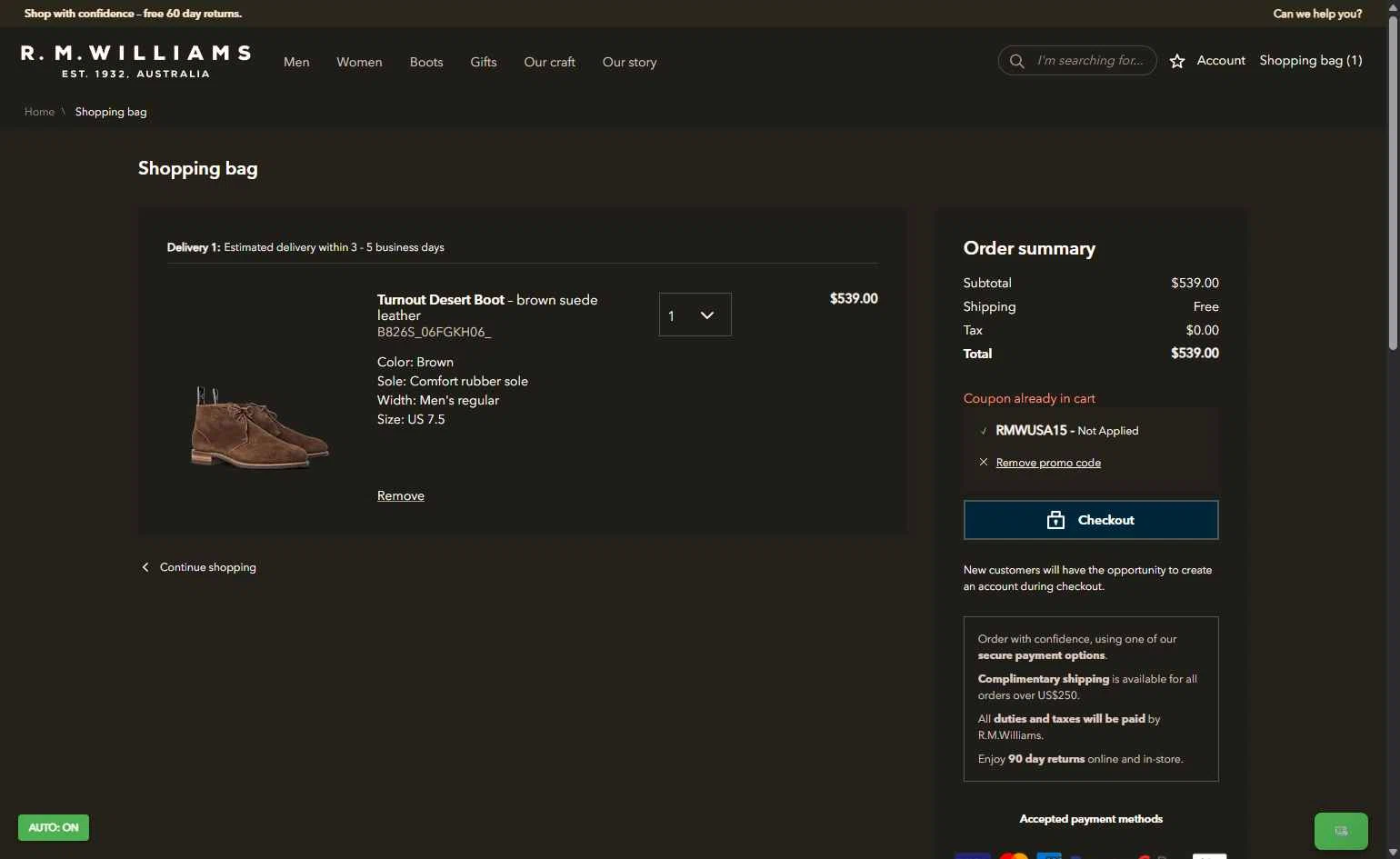 R.M. Williams checkout page showing R.M. Williams discount code box | Screenshot taken by SimplyCodes community member on Nov 13, 2025