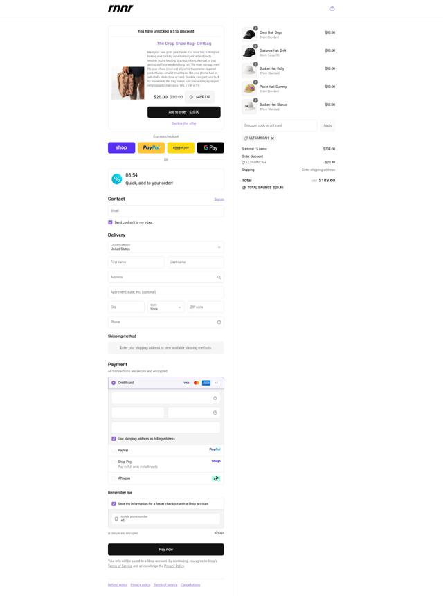 RNNR checkout page showing RNNR discount code box | Screenshot taken by SimplyCodes community member on Sep 11, 2025