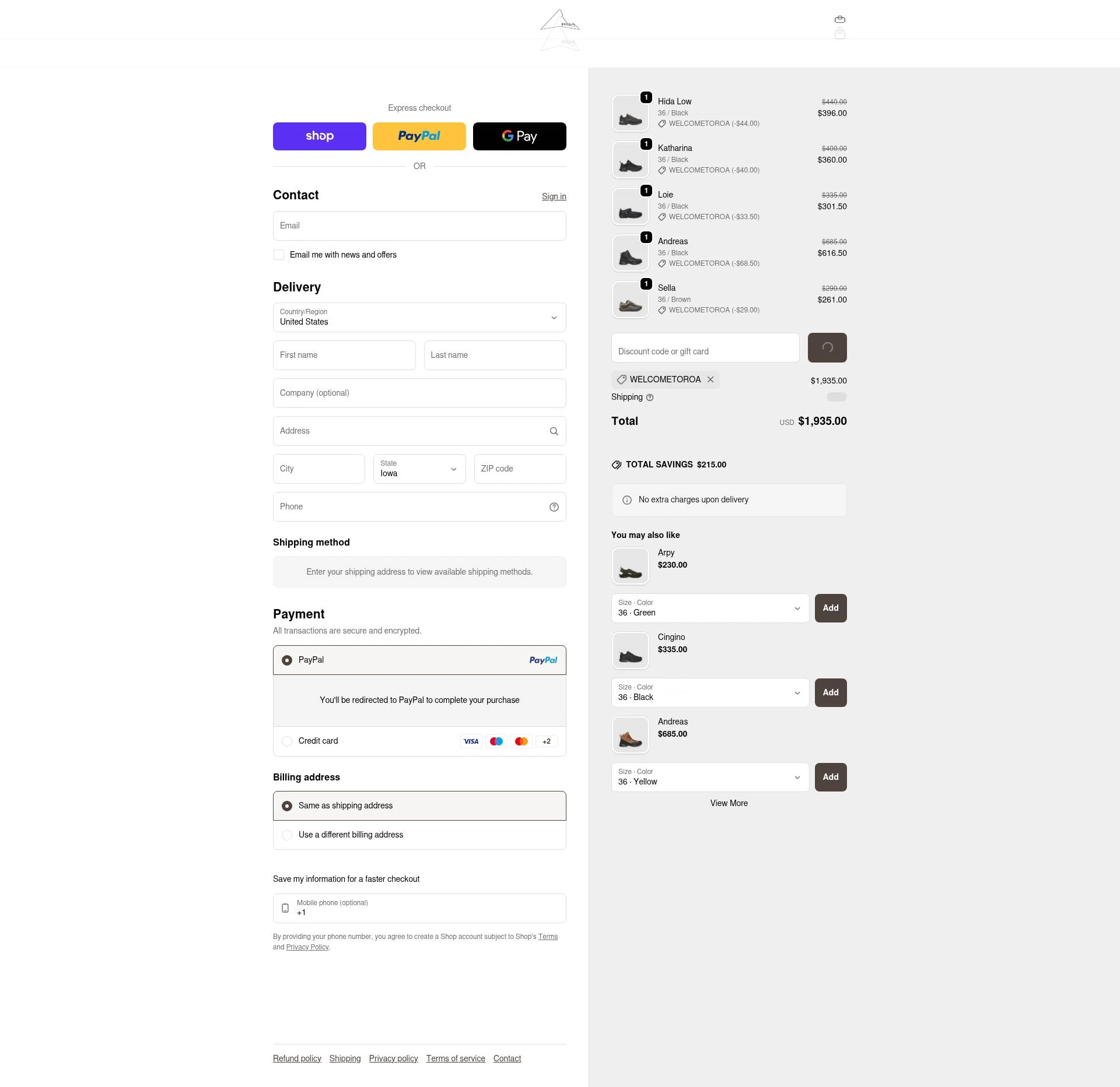 Roa checkout page showing Roa discount code box | Screenshot taken by SimplyCodes community member on Feb 18, 2026