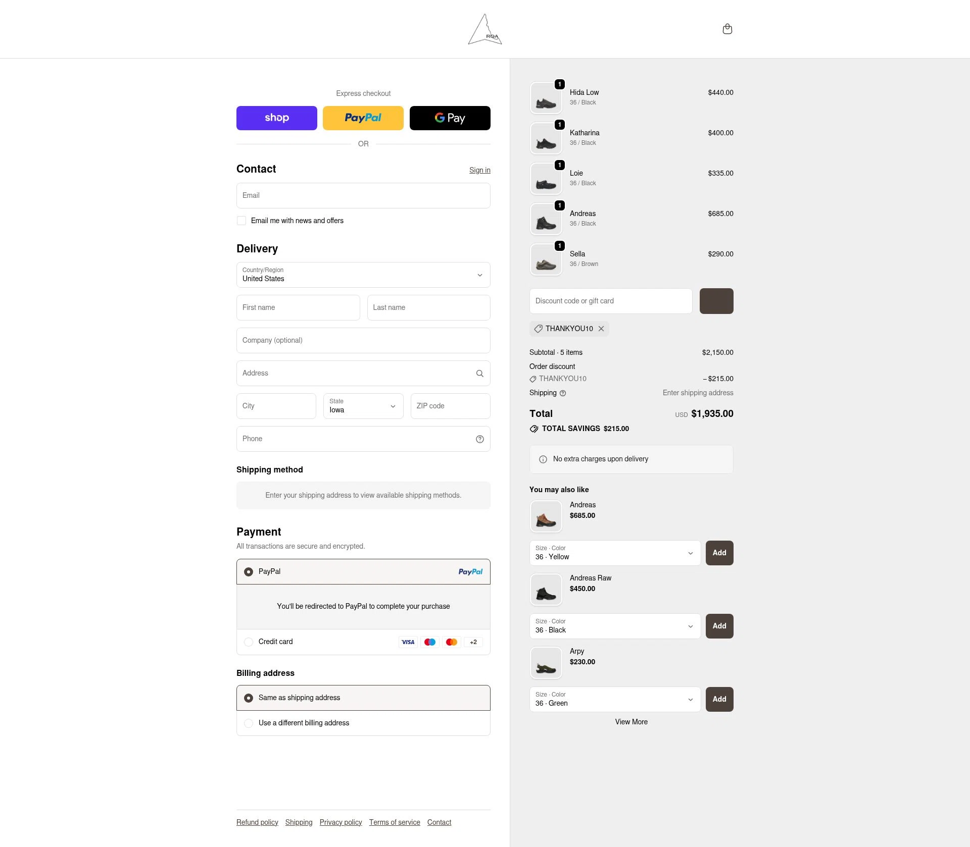 Roa checkout page showing Roa discount code box | Screenshot taken by SimplyCodes community member on Feb 18, 2026
