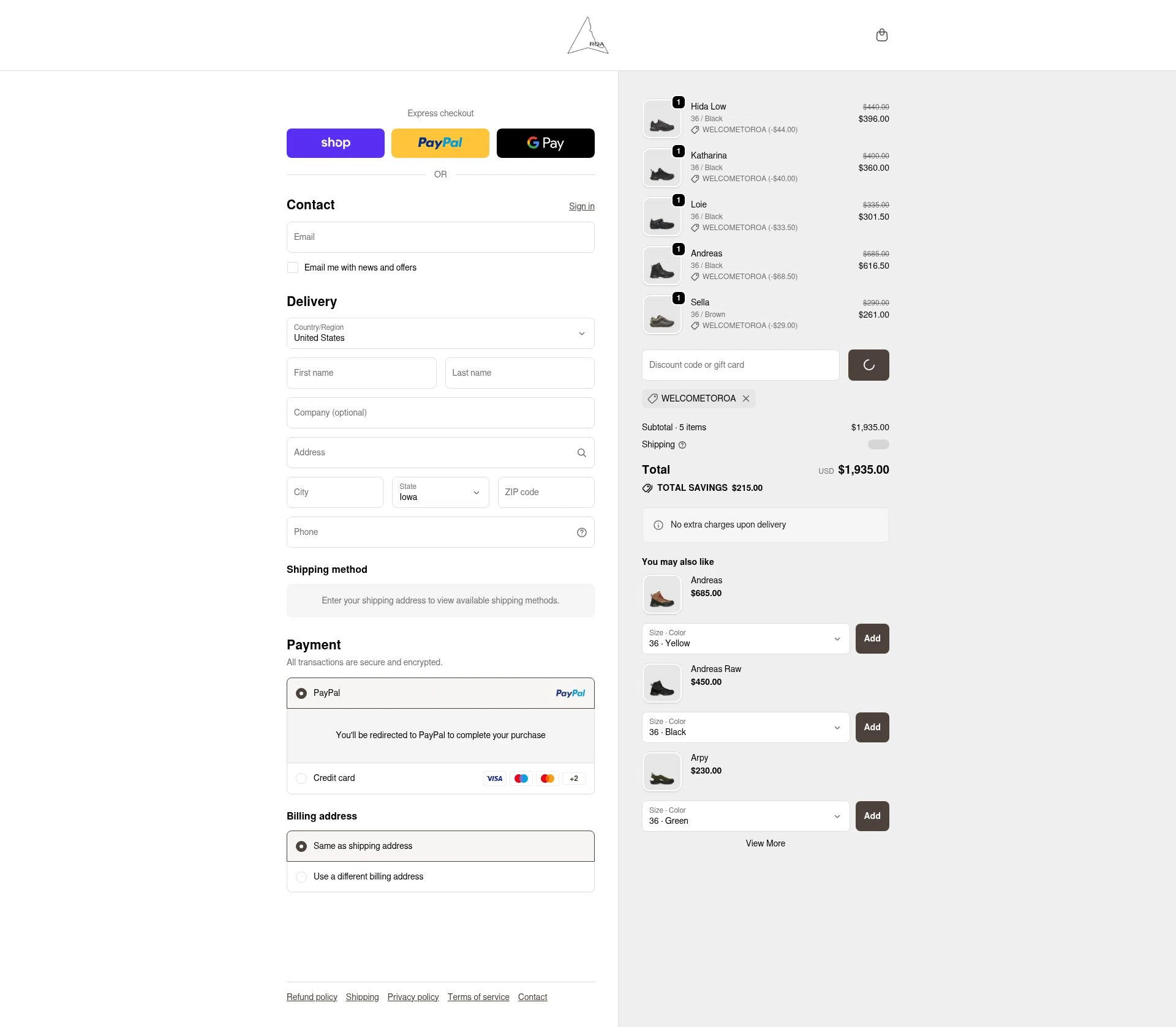 Roa checkout page showing Roa discount code box | Screenshot taken by SimplyCodes community member on Feb 18, 2026