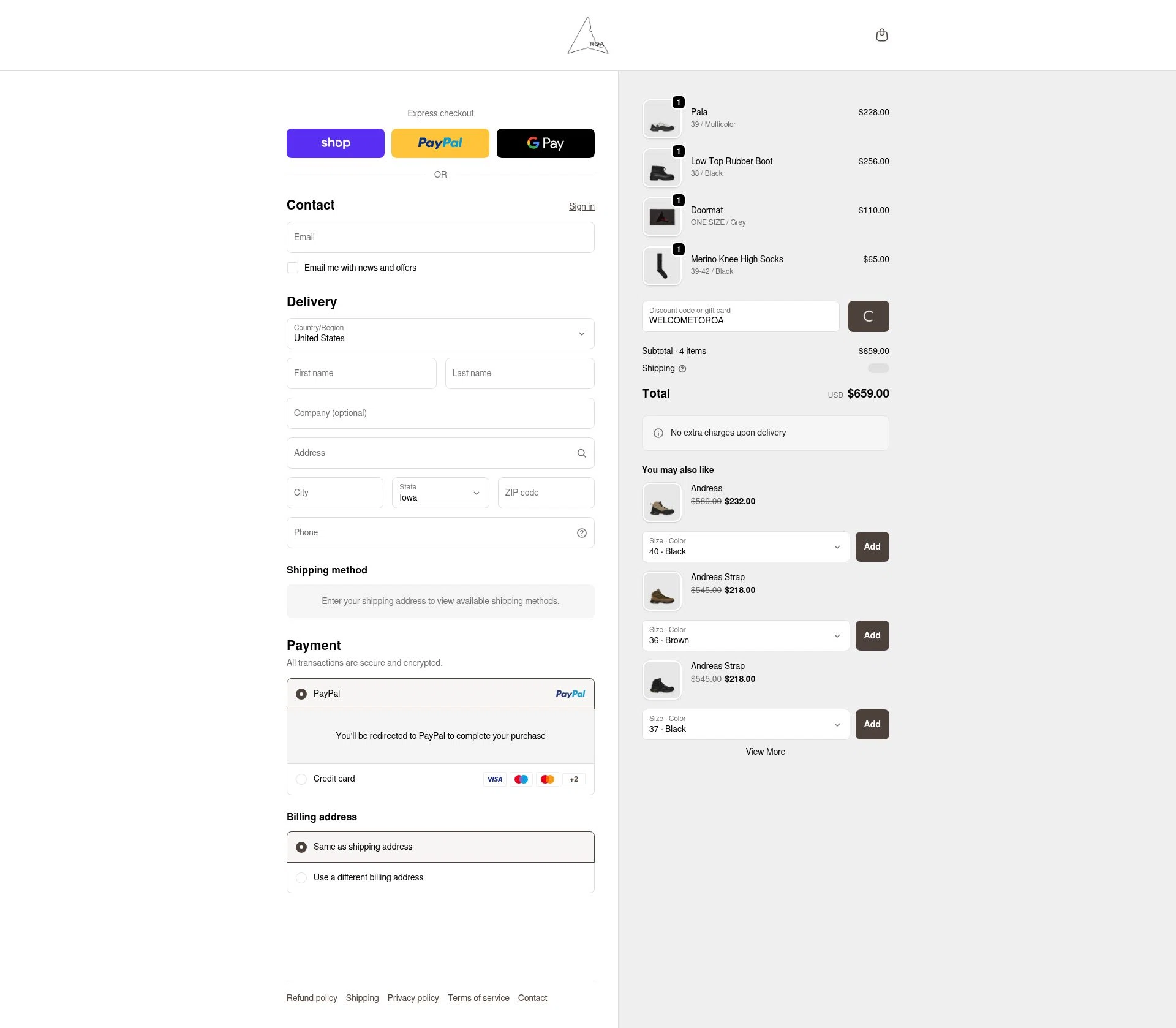 Roa checkout page showing Roa discount code box | Screenshot taken by SimplyCodes community member on Feb 13, 2026