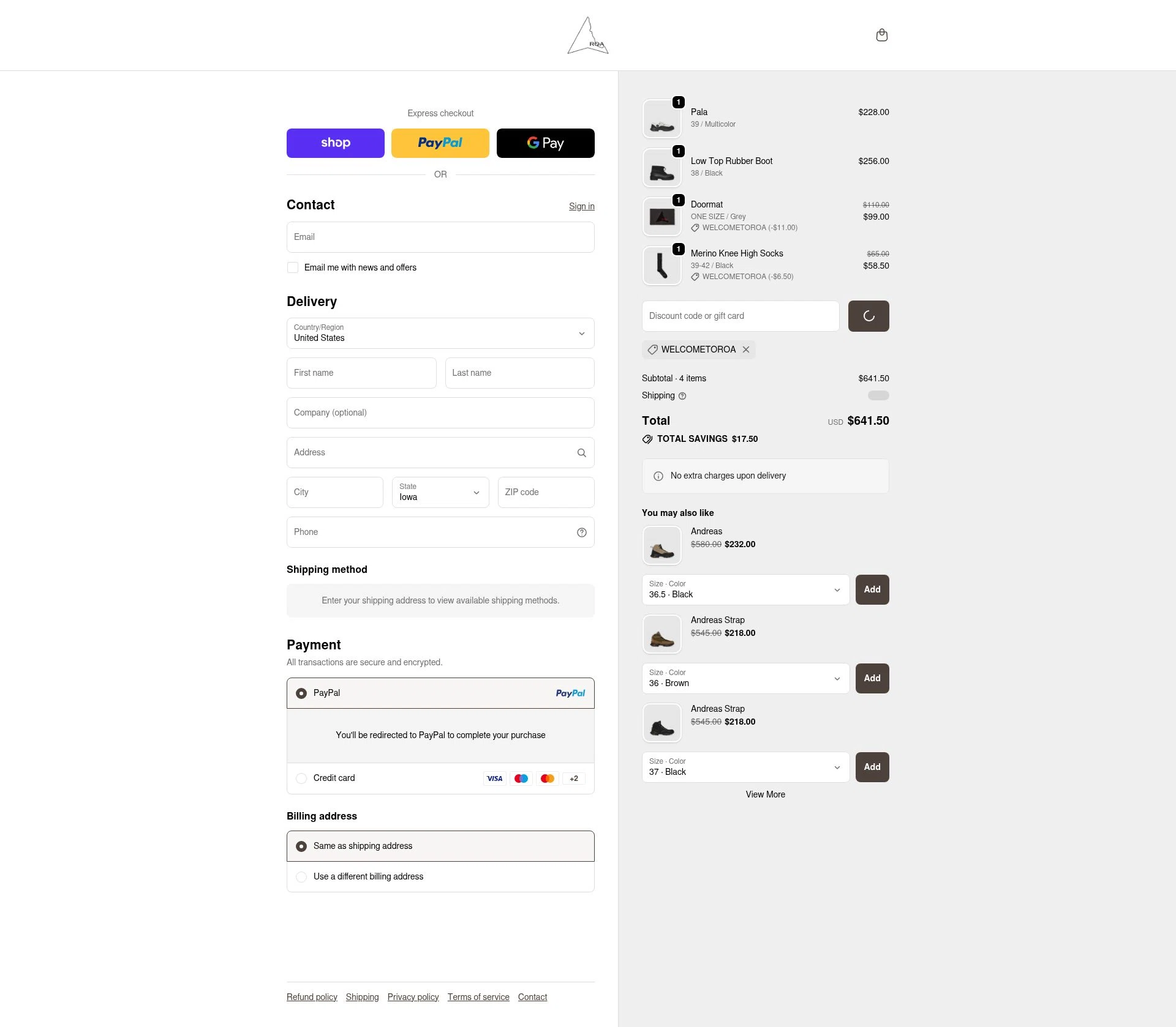 Roa checkout page showing Roa discount code box | Screenshot taken by SimplyCodes community member on Feb 5, 2026