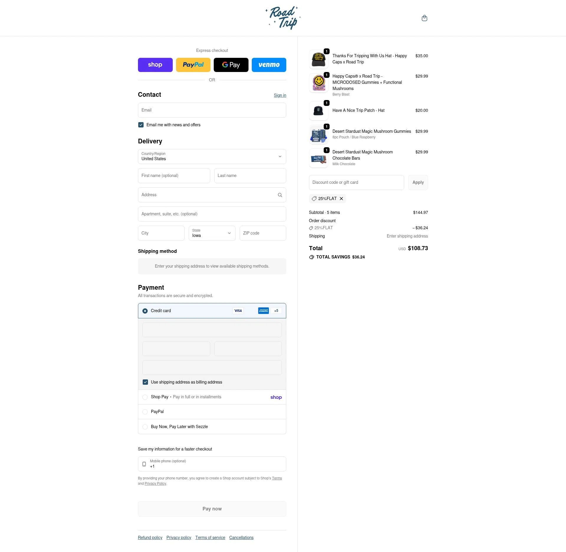 Road Trip checkout page showing Road Trip discount code box | Screenshot taken by SimplyCodes community member on Feb 10, 2026