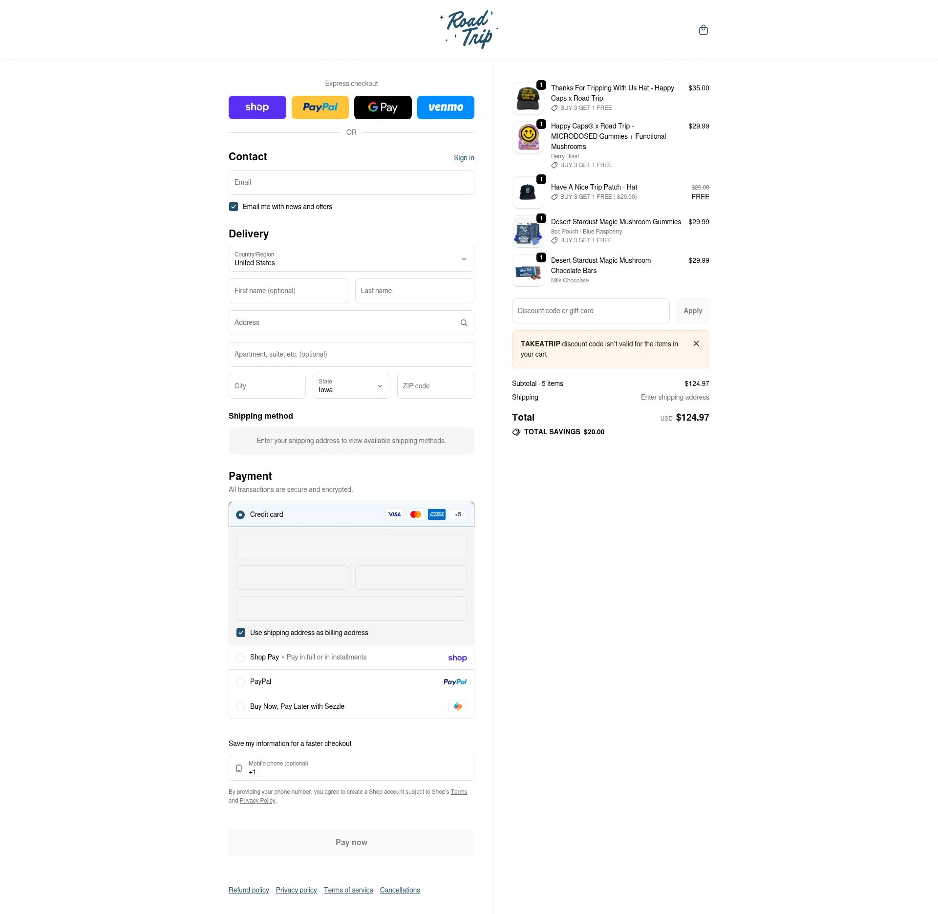 Road Trip checkout page showing Road Trip discount code box | Screenshot taken by SimplyCodes community member on Feb 10, 2026