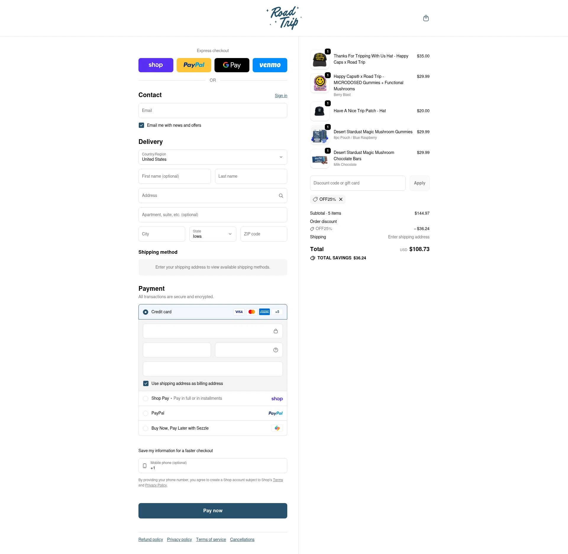 Road Trip checkout page showing Road Trip discount code box | Screenshot taken by SimplyCodes community member on Feb 10, 2026
