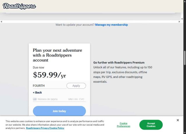 Roadtrippers checkout page showing Roadtrippers coupon code box | Screenshot taken by SimplyCodes community member on Jul 22, 2025