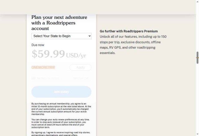 Roadtrippers checkout page showing Roadtrippers coupon code box | Screenshot taken by SimplyCodes community member on Aug 2, 2025