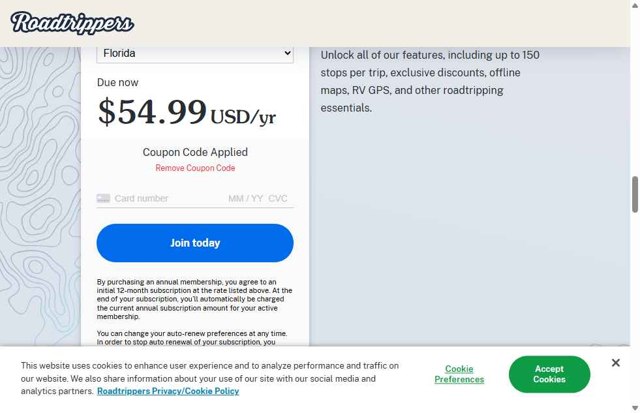 Roadtrippers checkout page showing Roadtrippers coupon code box | Screenshot taken by SimplyCodes community member on Aug 18, 2025