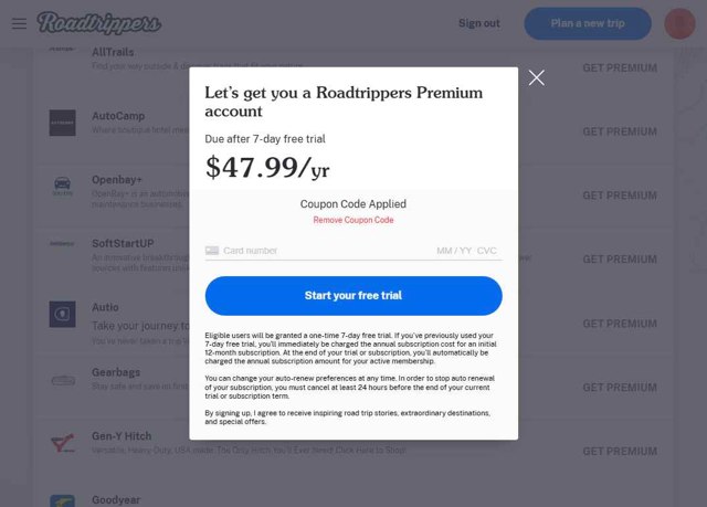 Roadtrippers checkout page showing Roadtrippers coupon code box | Screenshot taken by SimplyCodes community member on Jul 22, 2025