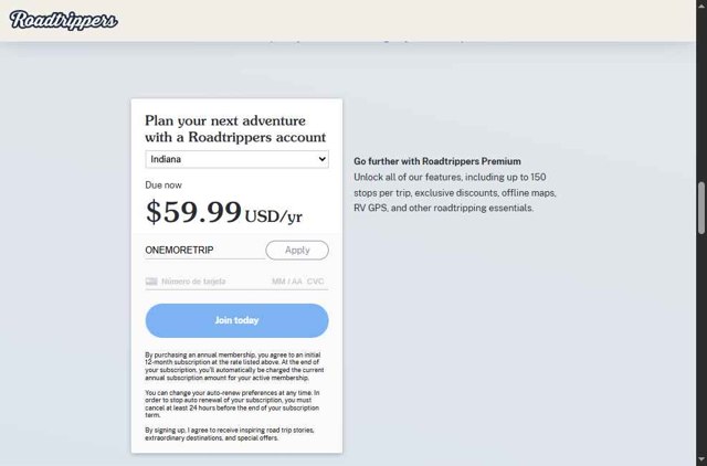 Roadtrippers checkout page showing Roadtrippers coupon code box | Screenshot taken by SimplyCodes community member on Aug 31, 2025