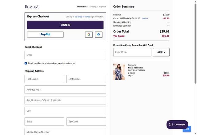 Roaman's checkout page showing Roaman's promo code box | Screenshot taken by SimplyCodes community member on Sep 10, 2025