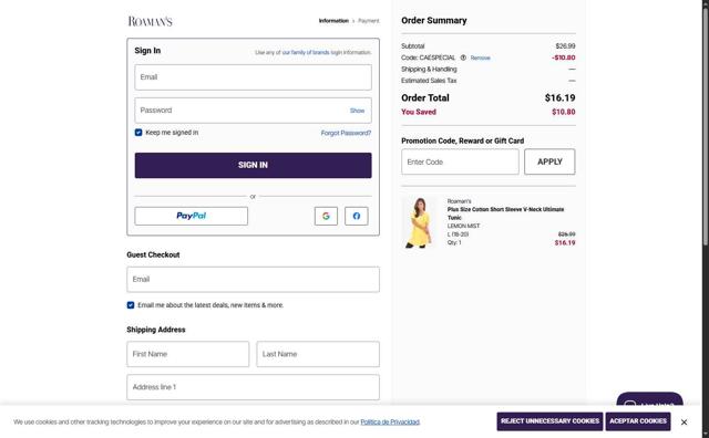 Roaman's checkout page showing Roaman's promo code box | Screenshot taken by SimplyCodes community member on Sep 10, 2025