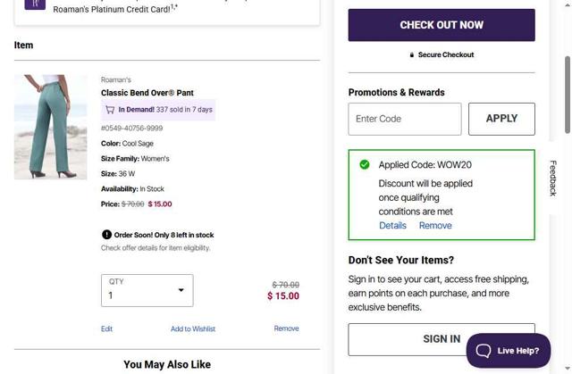 Roaman's checkout page showing Roaman's promo code box | Screenshot taken by SimplyCodes community member on Sep 5, 2025