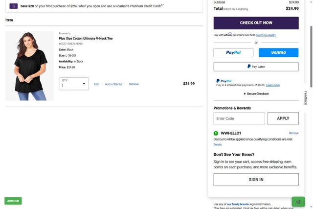 Roaman's checkout page showing Roaman's promo code box | Screenshot taken by SimplyCodes community member on Sep 10, 2025